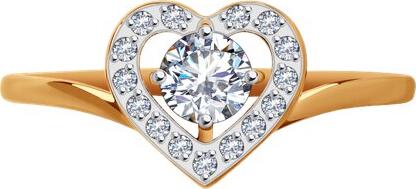 SOKOLOV 019016 Women's Heart-Shaped Halo Ring, 585 Red Gold with Rhodium Coating, Colorless Cubic Zirconia 0.128 ct, 4mm Main Stone, Ring Size 18.5