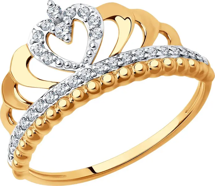 Inel SOKOLOV 019084 pentru femei, Mărime 17, Aur Roșu 585 cu placare Rodiu, Formă de Coroană cu Motiv Inimă, Cubic Zirconia Incolor, 1.76g