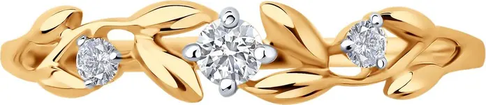 Sokolov 019600 Women's Ring, Size 16, 585 Red Gold with Rhodium Plating, Leaf Floral Motif, 2 Round Colorless Cubic Zirconia 1.75 mm 0.086 ct, 1 mm Band Width