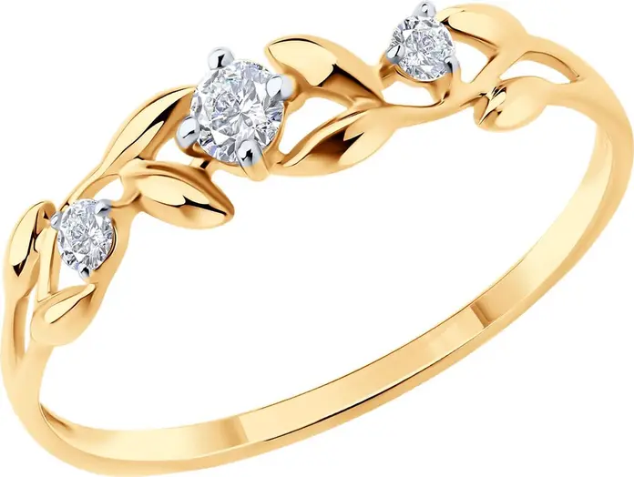 Sokolov 019600 Women's Ring, 585 Red Gold with Rhodium Plating, Leaf Floral Motif, 2 Round Colorless Cubic Zirconia 1.75 mm 0.086 ct, 1 mm Band Width Ring Size: 17.5