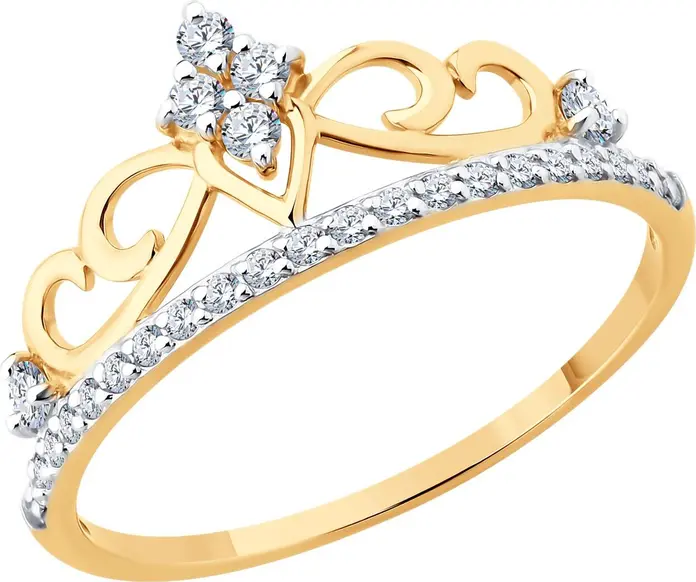 SOKOLOV 019611 Women's Ring, Size 18, 585 Red Gold, Rhodium Plated, Round Colorless Cubic Zirconia 0.2 ct (21 stones), Crown-shaped Design
