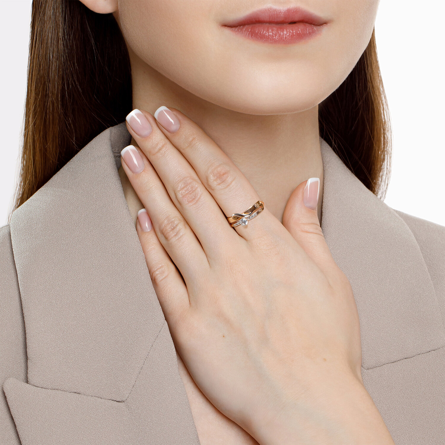 SOKOLOV 016932 Women's Ring, Size 21, 585 Red Gold with Rhodium Coating, 6 Round Colorless Cubic Zirconia (Fianit) 0.099 ct, 1.25 mm Stone Size, 1 mm Width