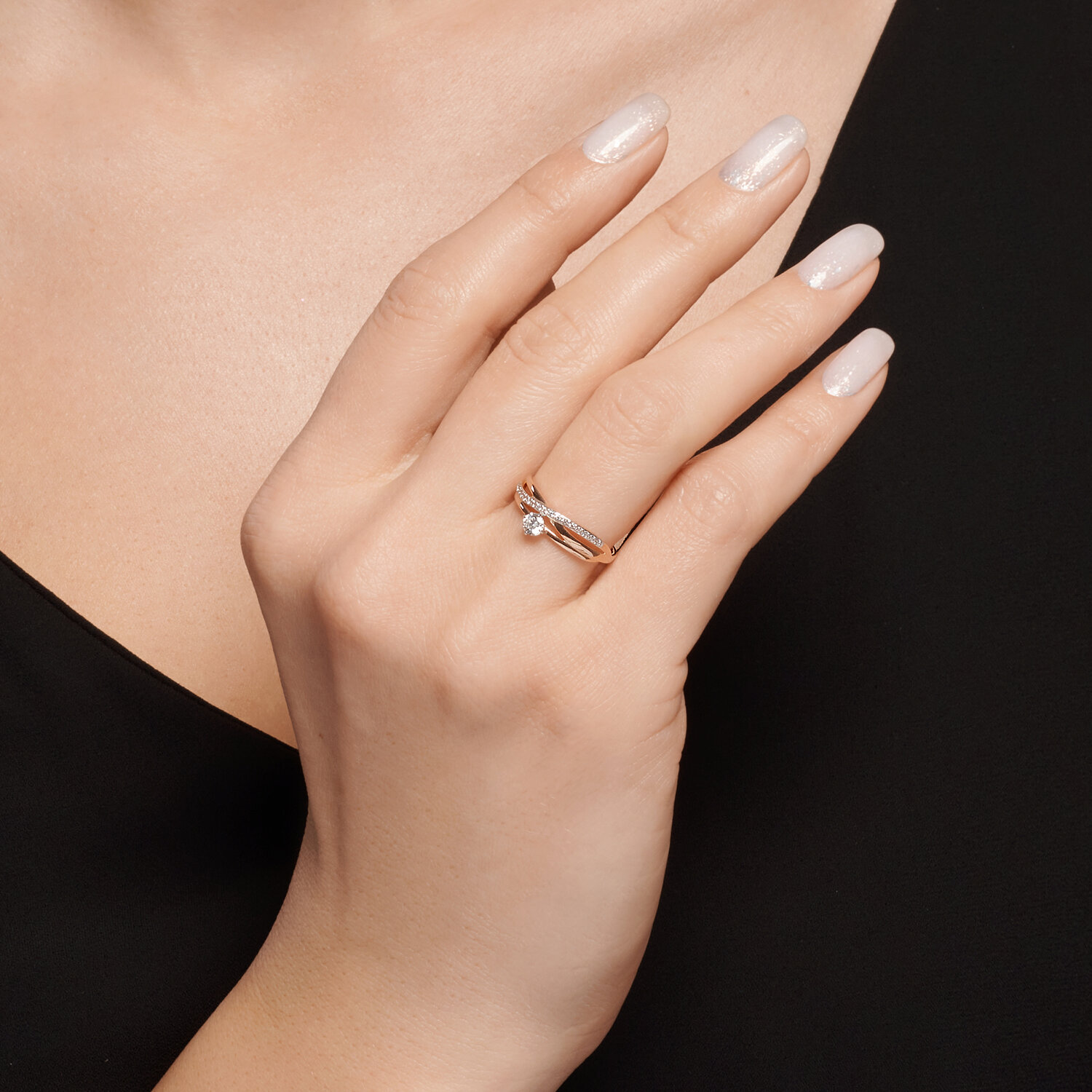 Inel Diamant 51-110-02311-1 pentru femei, Mărime 17.5, Aur Roșu 585, 17 pietre Cubic Zirconia rotunde incolore, Lățime 1mm, 1.48g