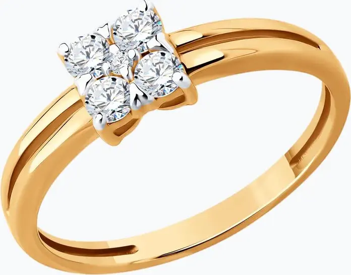 Inel Diamant 51-110-02822-1 pentru femei, Mărime 19, Aur Roșu 585, 4 Zirconii Cubice Rotunde Incolore 2.5 mm, 0.49 ct, Lățime 2 mm