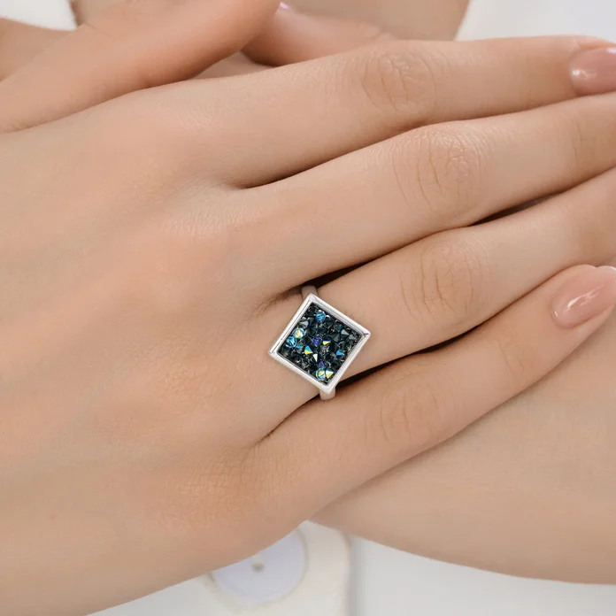 Diamant Women's Ring 94-110-00098-2, Size 18.5, 925 Rhodium-Plated Sterling Silver, Square Head with Black Iridescent Crystals, 2 mm Width, 3.46 g