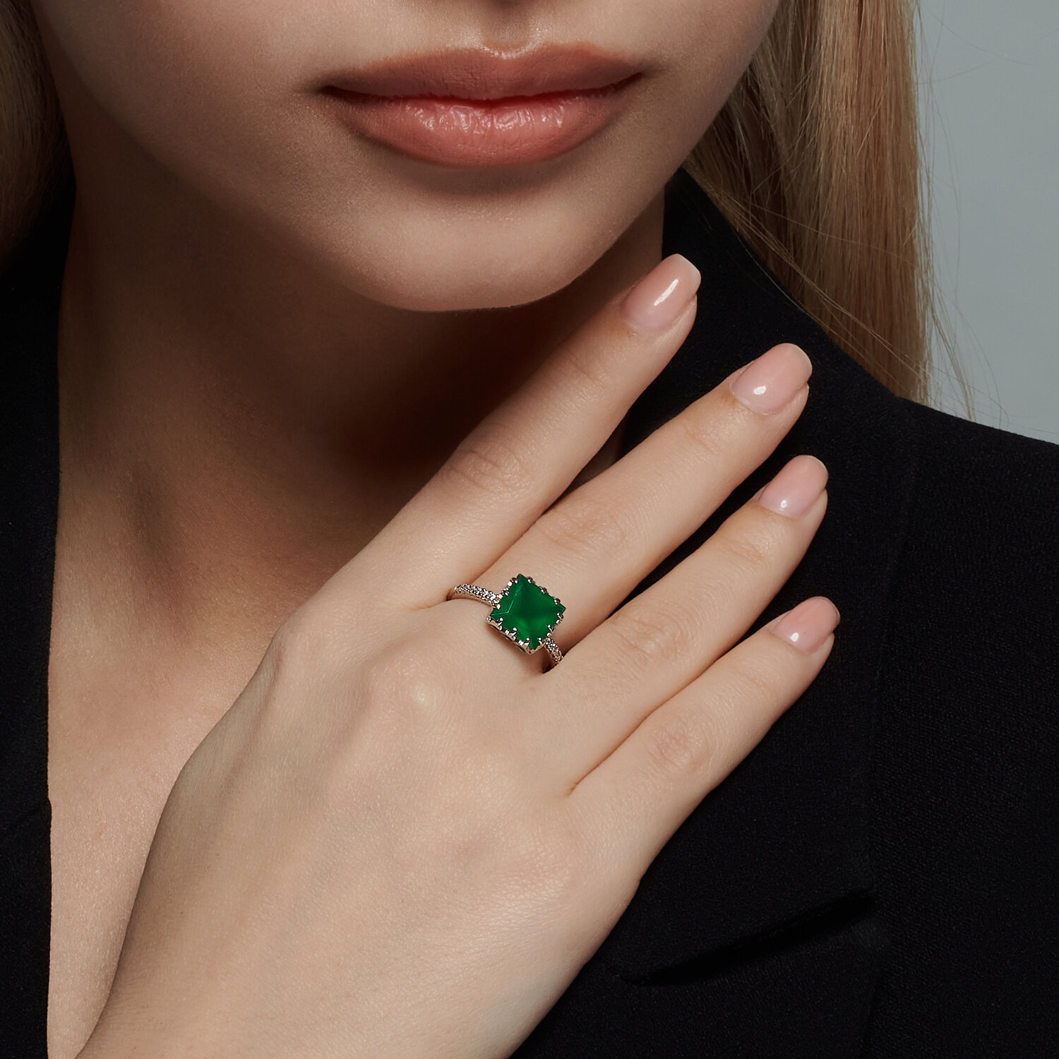 Inel SOKOLOV 92014414 pentru femei, Mărime 20, Argint 925 placat cu rodiu, Agat verde tăietură Princess pătrat, cu Zirconiu cubic, 0.102 ct, lățime 2 mm