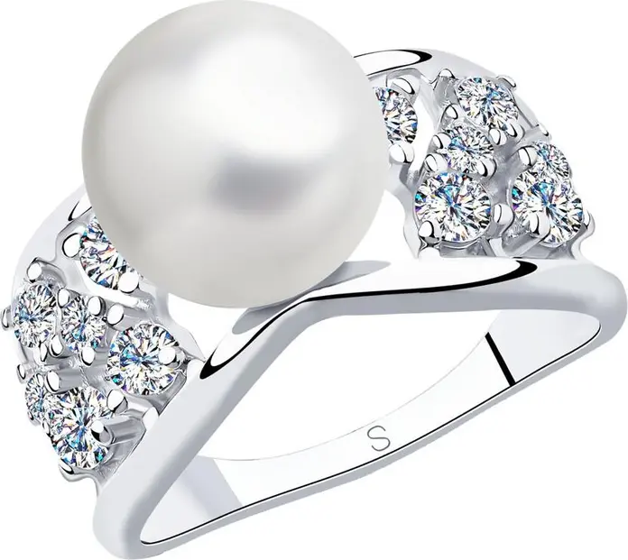 SOKOLOV Women's Ring 94012993, Size 19, 925 Sterling Silver Rhodium Plated with Pearl and 12 Round Colorless Cubic Zirconia, 4.10g