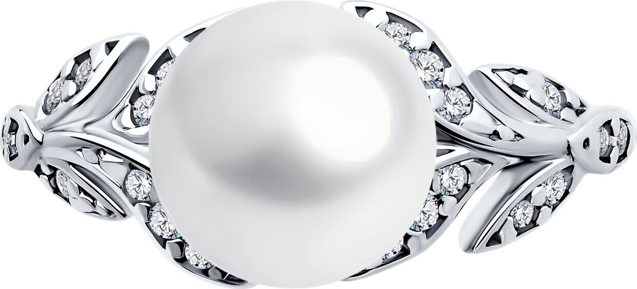 SOKOLOV 92014436 Women's Ring, Size 18.5, 925 Rhodium-Plated Sterling Silver with Pearl and 14 Round Colorless Cubic Zirconia 0.119 ct, 2mm Width, 2.4g