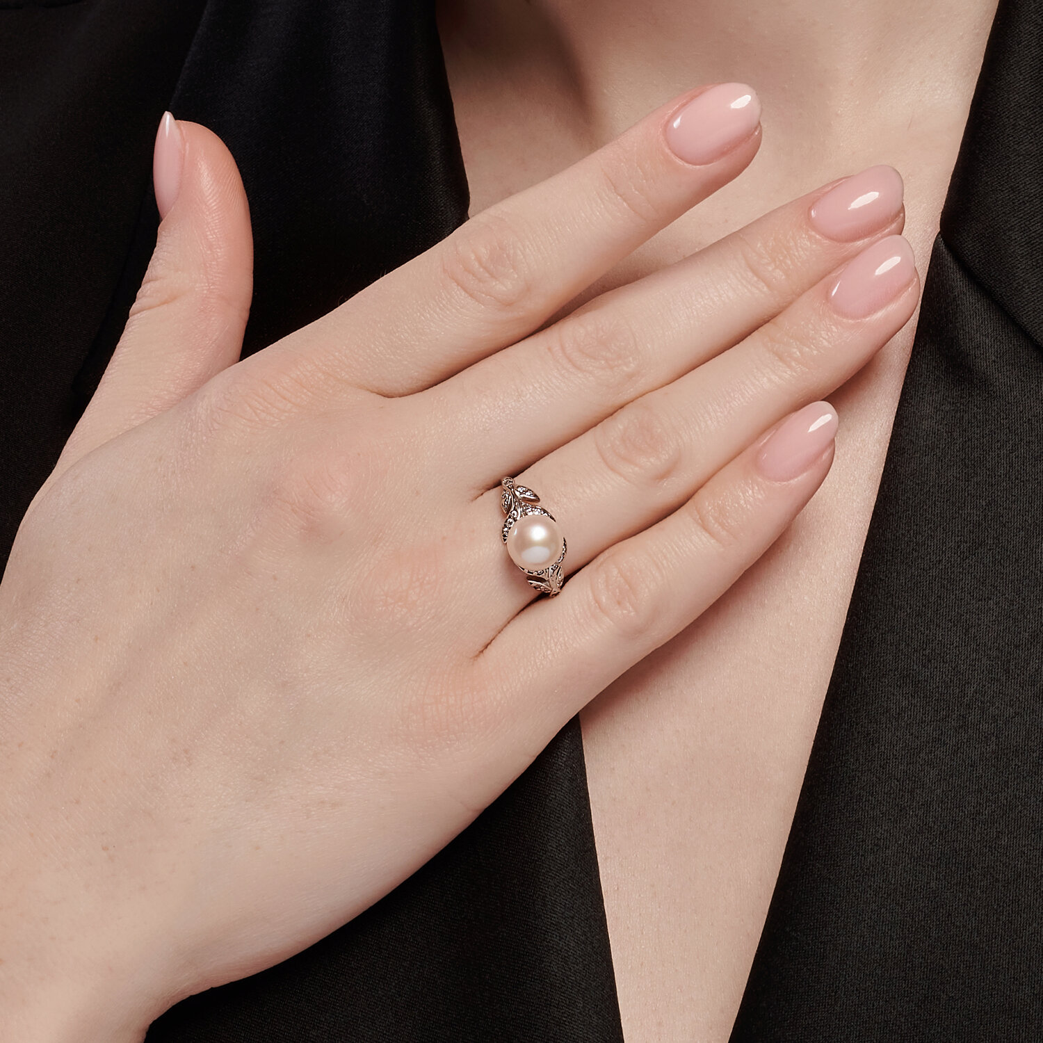 SOKOLOV 92014436 Women's Ring, Size 18.5, 925 Rhodium-Plated Sterling Silver with Pearl and 14 Round Colorless Cubic Zirconia 0.119 ct, 2mm Width, 2.4g