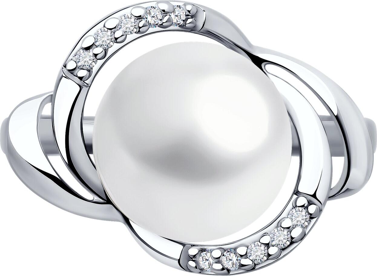 SOKOLOV 92014416 Women's Ring, Size 17.5, 925 Rhodium-Plated Sterling Silver with Pearl and 10 Colorless Round Cubic Zirconia, 2 mm Width