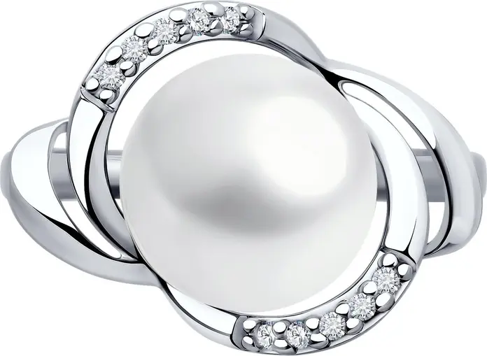 SOKOLOV 92014416 Women's Ring, Size 17.5, 925 Rhodium-Plated Sterling Silver with Pearl and 10 Colorless Round Cubic Zirconia, 2 mm Width