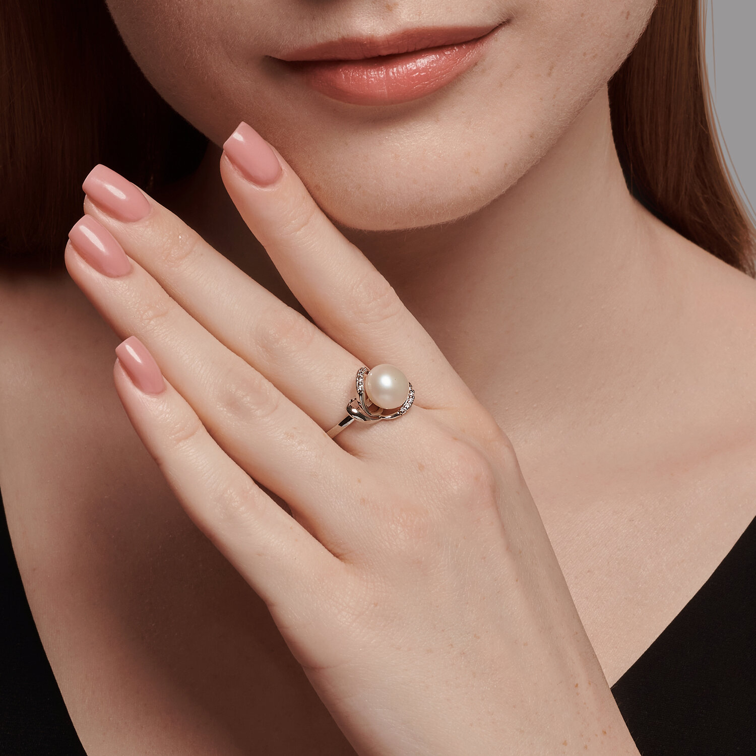 SOKOLOV 92014416 Women's Ring, Size 17.5, 925 Rhodium-Plated Sterling Silver with Pearl and 10 Colorless Round Cubic Zirconia, 2 mm Width