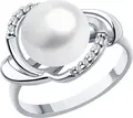 SOKOLOV 92014416 Women's Ring, Size 17.5, 925 Rhodium-Plated Sterling Silver with Pearl and 10 Colorless Round Cubic Zirconia, 2 mm Width