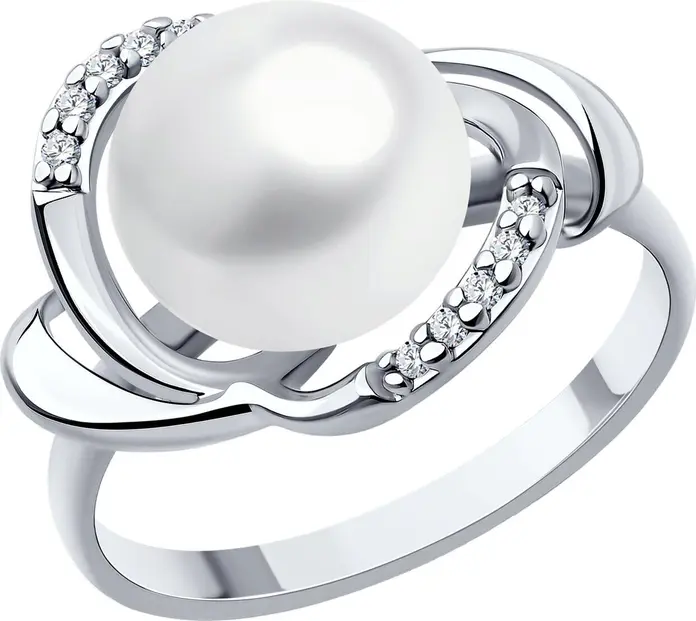 SOKOLOV 92014416 Women's Ring, Size 17.5, 925 Rhodium-Plated Sterling Silver with Pearl and 10 Colorless Round Cubic Zirconia, 2 mm Width