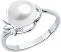 SOKOLOV 92014448 Women's Ring, Size 18, 925 Rhodium-Plated Sterling Silver with Cultured Pearl and Round Colorless Cubic Zirconia 0.043ct, 2mm Width, 2.55g