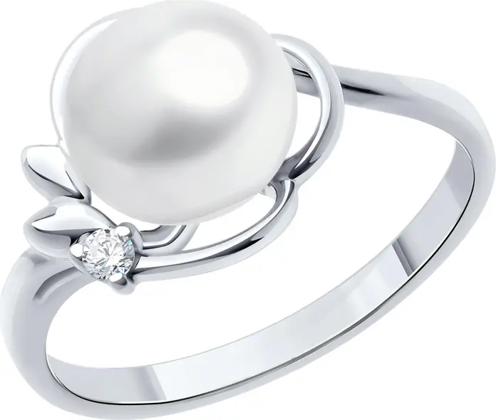 SOKOLOV 92014448 Women's Ring, Size 18, 925 Rhodium-Plated Sterling Silver with Cultured Pearl and Round Colorless Cubic Zirconia 0.043ct, 2mm Width, 2.55g
