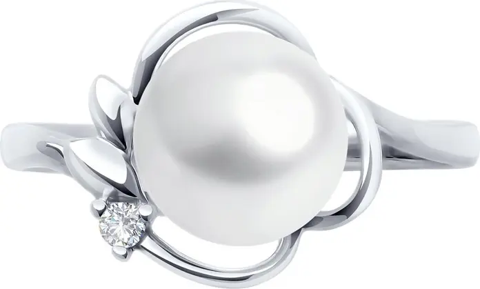 SOKOLOV 92014448 Women's Ring, Size 18, 925 Rhodium-Plated Sterling Silver with Cultured Pearl and Round Colorless Cubic Zirconia 0.043ct, 2mm Width, 2.55g