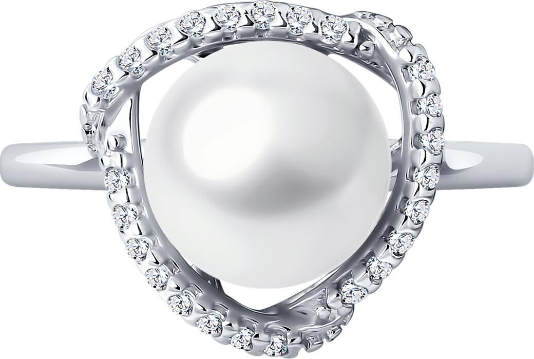Inel SOKOLOV 92012151 pentru femei, mărime 19, argint 925 placat cu rodiu, cu inserții de perle și zirconiu cubic, 24 pietre rotunde incolore, 2.5g, 13x12x8 mm