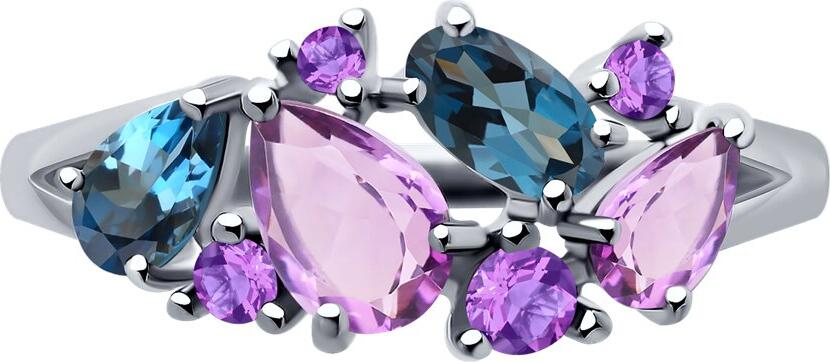 SOKOLOV 92014288 Women's Ring, Size 17, 925 Sterling Silver Rhodium Plated, with Amethyst, London Topaz and Cubic Zirconia, Lilac Purple