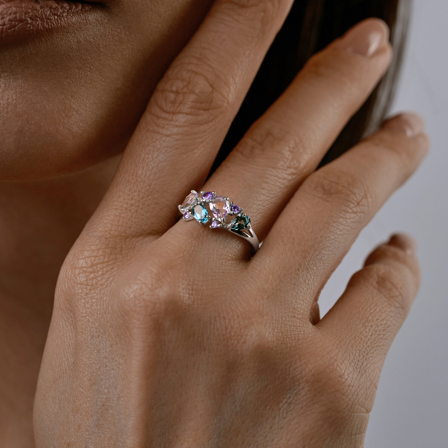 SOKOLOV 92014288 Women's Ring, Size 17, 925 Sterling Silver Rhodium Plated, with Amethyst, London Topaz and Cubic Zirconia, Lilac Purple