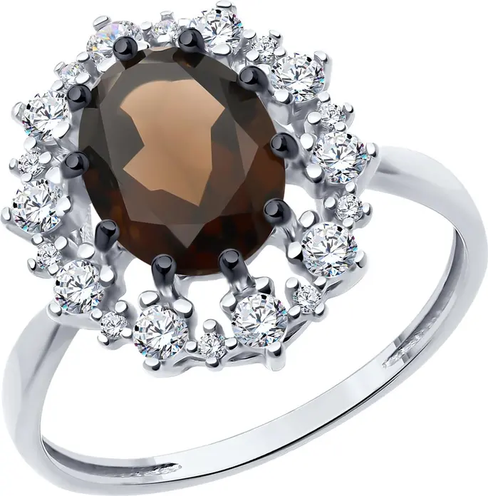 Diamant 94-310-02042-4 Women's Ring, Size 19, 925 Rhodium-Plated Sterling Silver, Round Smoky Quartz and Colorless Cubic Zirconia, 0.655 ct, 2mm Stones