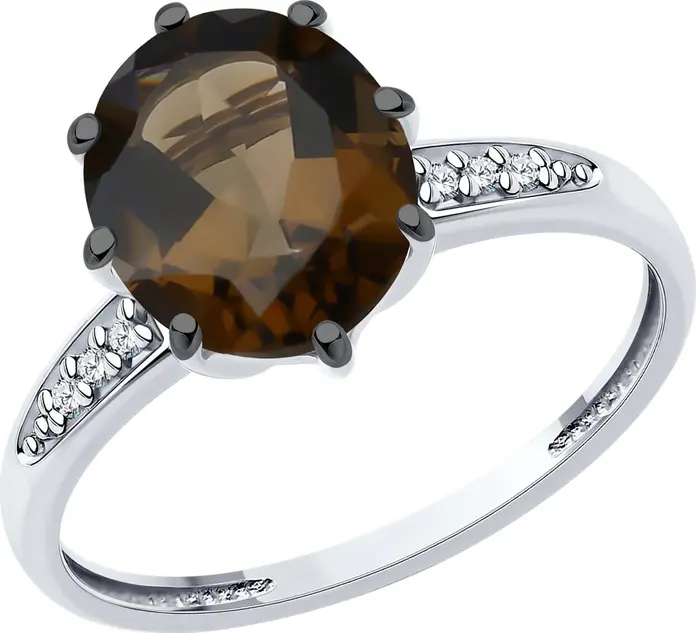 Женское кольцо Diamant 94-310-02054-4, размер 20, серебро 925 пробы, овальный коричневый раухтопаз 2.401 ct, 6 бесцветных фианитов, повседневный стиль, 10x8 мм