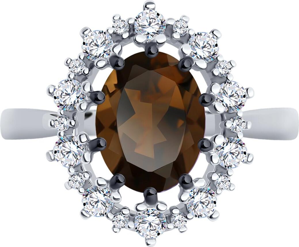 Inel Diamant 94-310-02042-4 pentru femei, Mărime 18, Argint 925 placat cu rodiu, Cuarț fumuriu rotund și Zirconiu cubic incolore, 0.655 ct, pietre 2mm