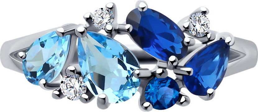 SOKOLOV 92014287 Women's Ring, Size 18, 925 Sterling Silver Rhodium Plated, Blue Topaz and Cubic Zirconia Oval Gemstones, 0.2 ct, 5x3 mm, 1.75 g