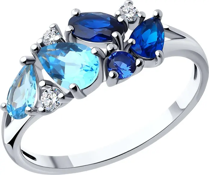 Inel SOKOLOV 92014287 pentru femei, Mărime 18.5, Argint 925 placat cu Rodiu, Topaz Albastru și Zirconiu Cubic, Formă Ovală, 0.2 ct, 5x3 mm, 1.75 g
