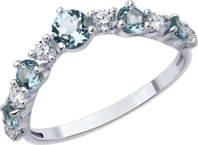 Inel SOKOLOV 92014515 pentru femei, Mărime 16.5, Argint 925 placat cu rodiu, Topaz albastru și Zirconiu Cubic, Inserturi rotunde 2mm, 0.393 ct, Lățime 2mm, 1.52g