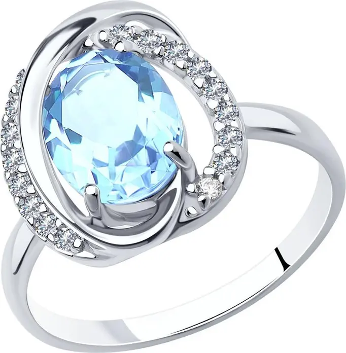 Inel SOKOLOV 92011938 pentru femei, Mărime 17.5, Argint 925 placat cu Rodiu, Topaz oval 9x7mm și 17 pietre Zirconiu Cubic, Bijuterie elegantă pentru zi de zi