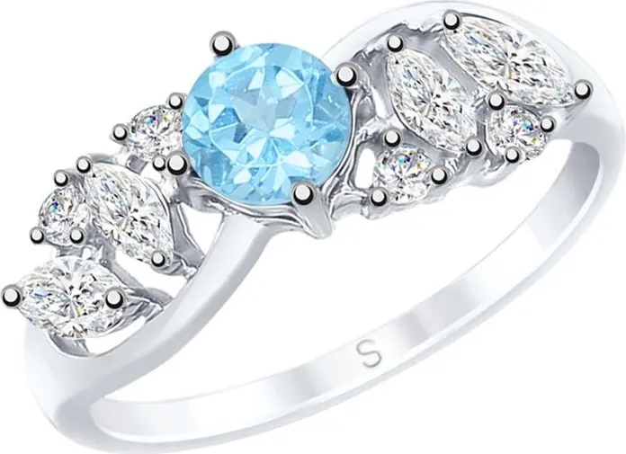 SOKOLOV 92011666 Women's Ring, Size 17.5, 925 Sterling Silver Rhodium Plated, Blue Sky Topaz and Colorless Cubic Zirconia Marquise Stones, 18x6x5 mm