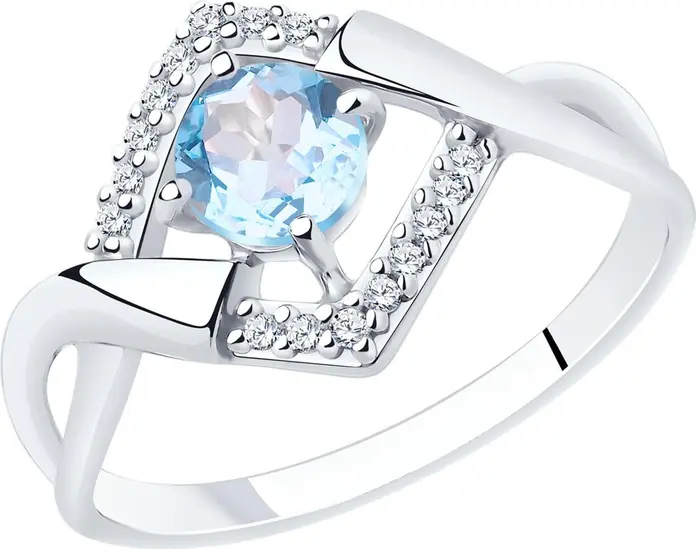 Женское кольцо Diamant 94-310-00380-1, размер 17.5, серебро 925 с родиевым покрытием, топаз и 16 вставок из кубического циркония (фианита) 0.136 ct, ширина шинки 2 мм