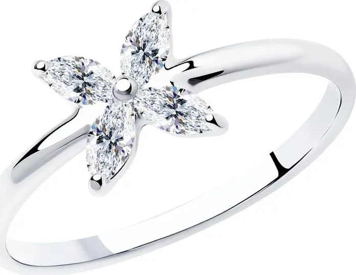 SOKOLOV 94012778 Bijuterii pentru femei, Argint 925 placat cu Rodiu, 4 pietre Cubic Zirconia tăietură Marquise incolore, Design floral, 7x7x2 mm, 1.13g, Mărime Inel: 16.5