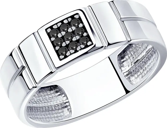 Inel cu sigiliu pentru bărbați Diamant 94-110-01182-1, Argint 925 placat cu rodiu, 9 pietre Cubic Zirconia negre rotunde, Lățime 7mm, Mărime 21.5, 4.42g