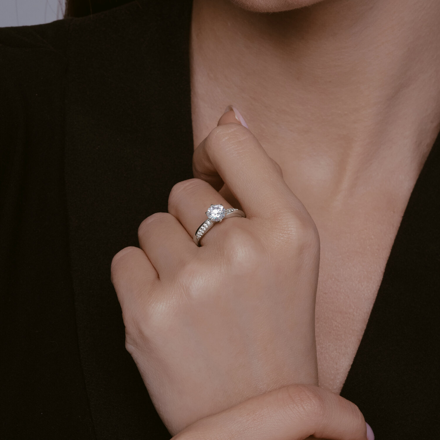 Diamant Women's Ring 94-110-02134-1, Size 19, 925 Sterling Silver Rhodium Plated, Round Colorless Cubic Zirconia 6mm Main Stone and 12 Side Stones