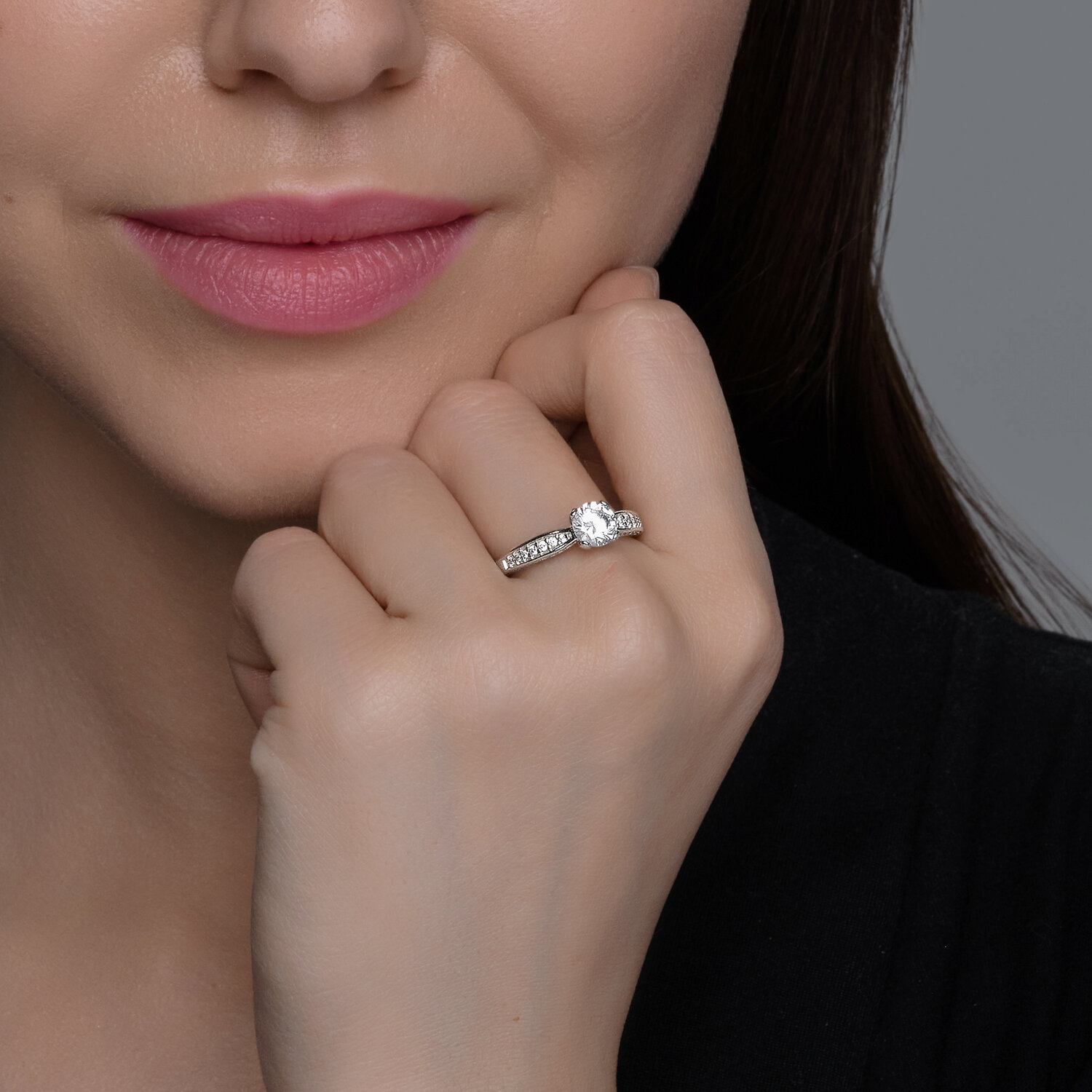 Inel Logodna Diamant 94-110-02639-1 pentru femei, Mărime Inel 17.5, Argint 925 Rodinat, Cubic Zirconia Incolor Rotund, 0.306 ct, 43 Pietre, Stil Clasic de zi cu zi