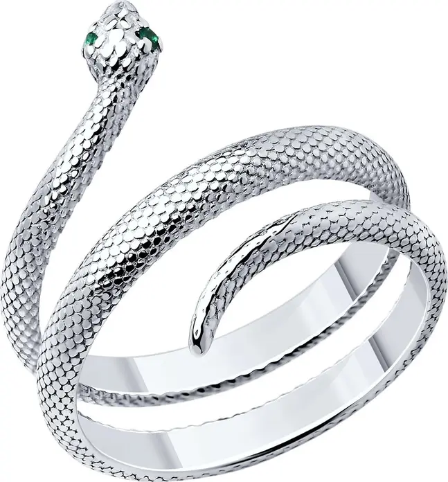 SOKOLOV 94013730 Inel damă formă șarpe wrap-around, Argint 925 placat cu rodiu, Zirconiu cubic verde, Solzi texturați, Lățime 17mm, Mărime 17, 3.89g