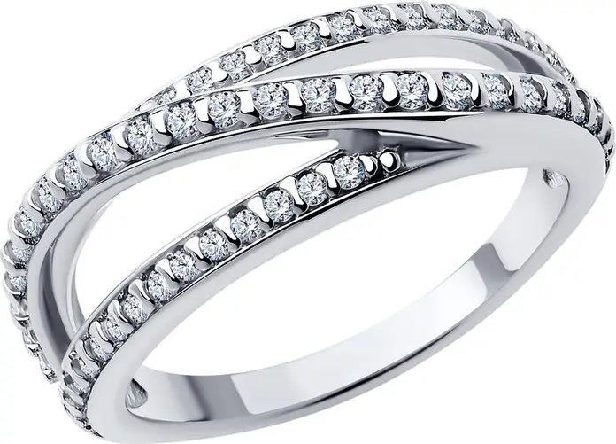 SOKOLOV 94013862 Women's Ring, Size 18, 925 Rhodium-Plated Sterling Silver, Round Colorless Cubic Zirconia 0.255 ct, 30 Stones 1mm, 7x4mm, 2.93g
