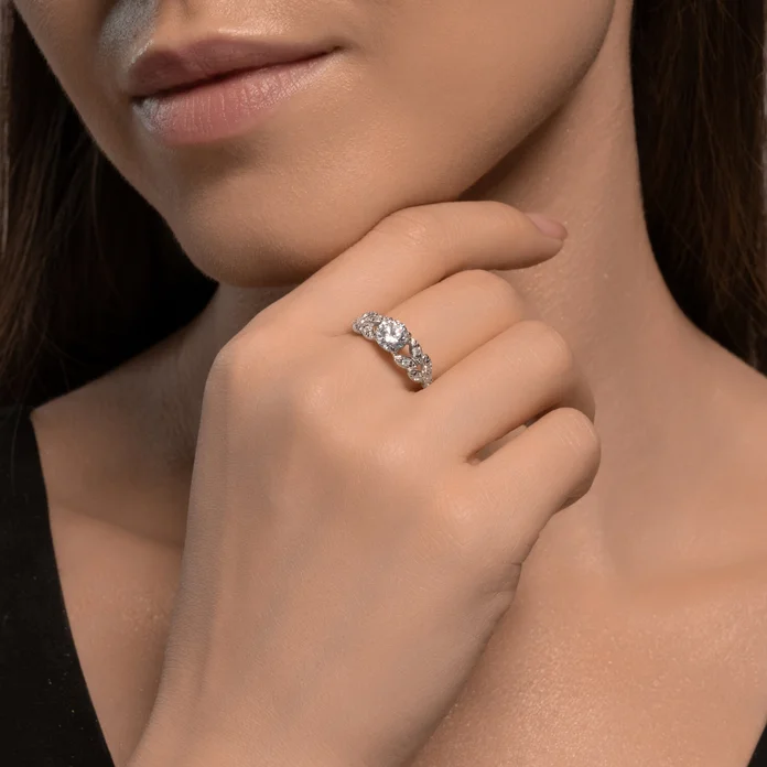 SOKOLOV 94014176 Women's Ring, Size 18.5, 925 Rhodium-Plated Sterling Silver with 8 Round Colorless Cubic Zirconia Stones 1.5mm, 2mm Width, 2.28g
