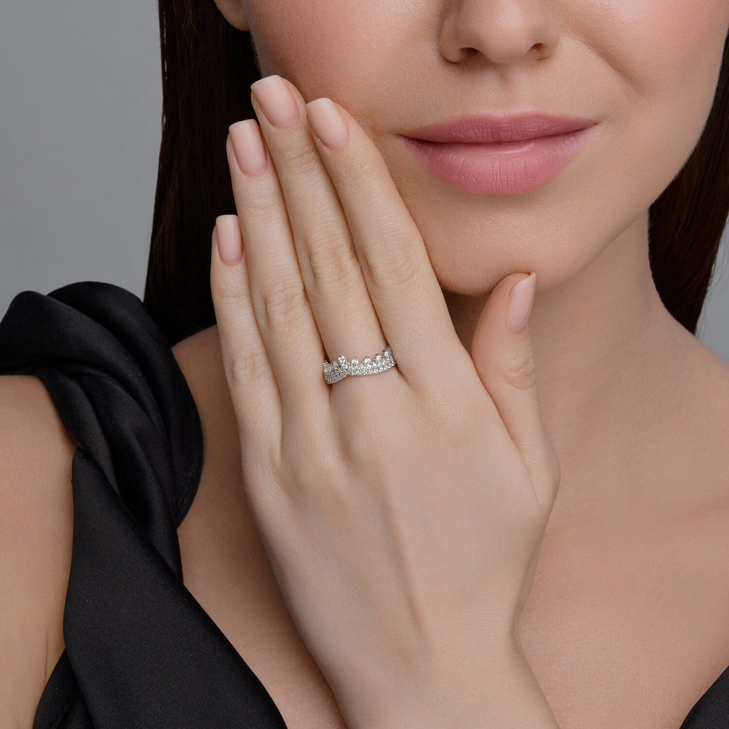 SOKOLOV 94014265 Women's Ring, Size 17.5, 925 Rhodium-plated Silver, 51 Round Colorless Cubic Zirconia Stones (0.842 ct, 1.25 mm), 2 mm Width, 1.97 g
