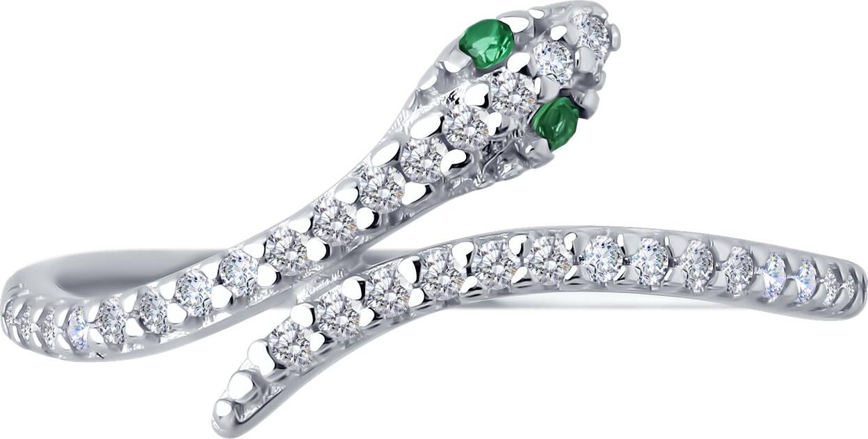 Inel femei Diamant 94-110-02312-1, formă de șarpe, mărime 16.5, argint 925 placat cu rodiu, cu zirconiu cubic verde rotund, lățime 1mm