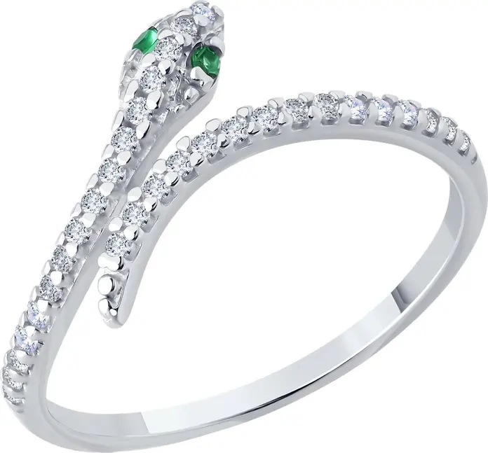 Inel femei Diamant 94-110-02312-1, formă de șarpe, argint 925 placat cu rodiu, cu zirconiu cubic verde rotund, lățime 1mm, mărime 17.5