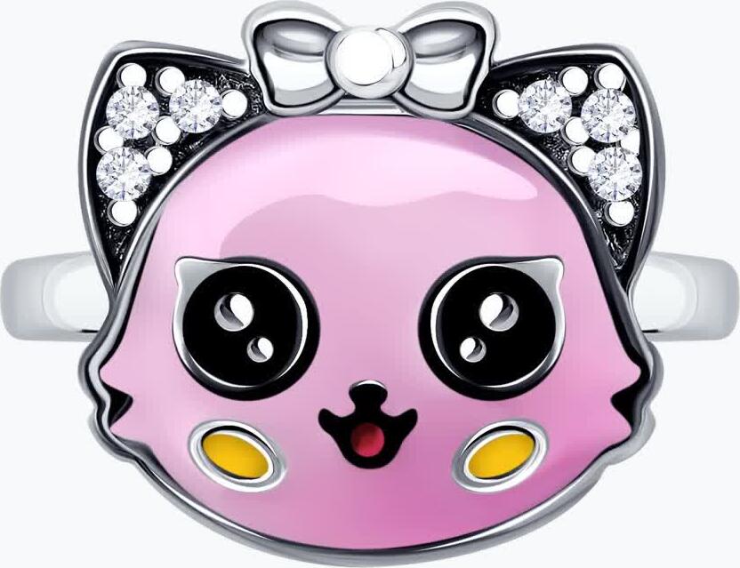 Diamant Children's Ring 94-110-00097-1, Size 15, 925 Sterling Silver Rhodium-Plated, Round Cubic Zirconia, Pink Enamel Character Design, 2mm Width