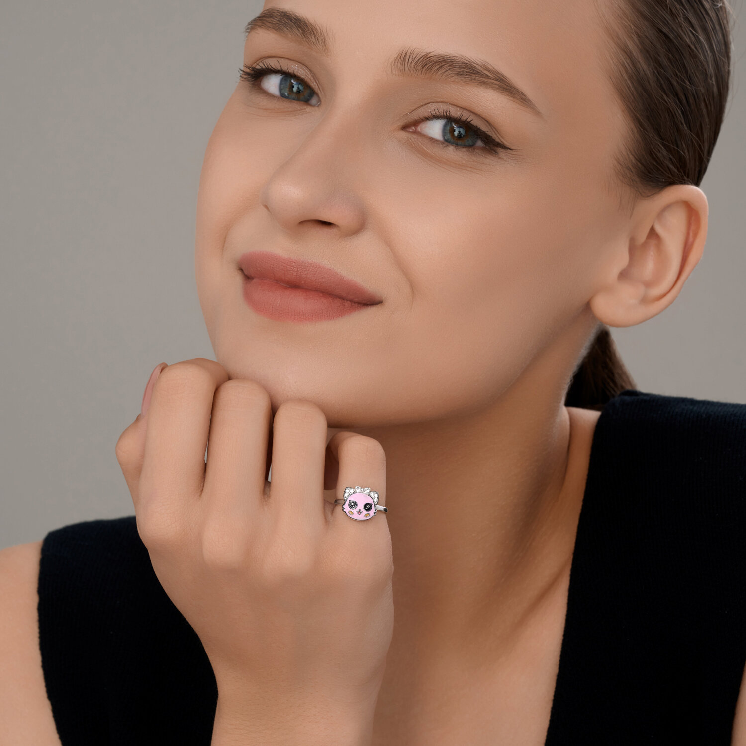 Diamant Children's Ring 94-110-00097-1, Size 16, 925 Sterling Silver Rhodium-Plated, Round Cubic Zirconia, Pink Enamel Character Design, 2mm Width