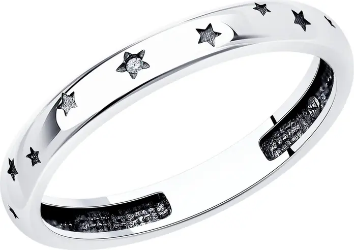 SOKOLOV 95010182 Women's Ring, Size 17.5, 925 Oxidized Silver with Round Colorless Cubic Zirconia 1mm, SKLV Collection