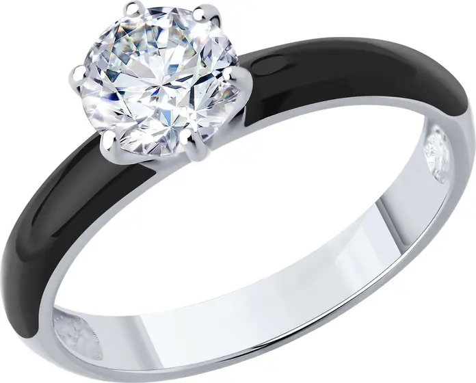 SOKOLOV 94014427 Women's Ring, Size 16, 925 Sterling Silver Rhodium Plated with Round Cubic Zirconia 6mm 0.48ct and Enamel, Colorless