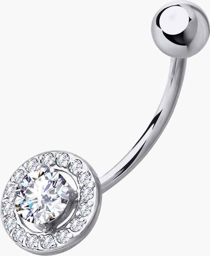 SOKOLOV 060213-3 Women's Navel Piercing Belly Ring, 585 White Gold with 16 Round Colorless Cubic Zirconia Inserts (0.9 mm)