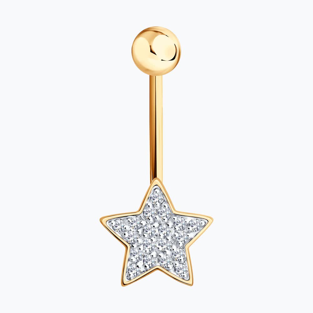 Piercing pentru ombilic SOKOLOV 060231 pentru femei, Aur Roșu 585 cu placare Rodiu, 19 Zirconii rotunde incolore 0.181 ct, 22x9x1 mm, 0.97g