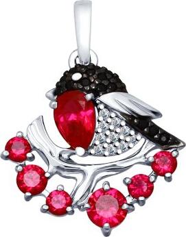 Sokolov Bullfinch Pendant 94031982, 925 Sterling Silver Rhodium Plated Jewelry with Cubic Zirconia and Corundum Stones, Pear and Round Cut, 1.9g